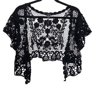 Y2k Boho Crochet lace knit black cropped Shrug open cardigan Deb plus size 2X